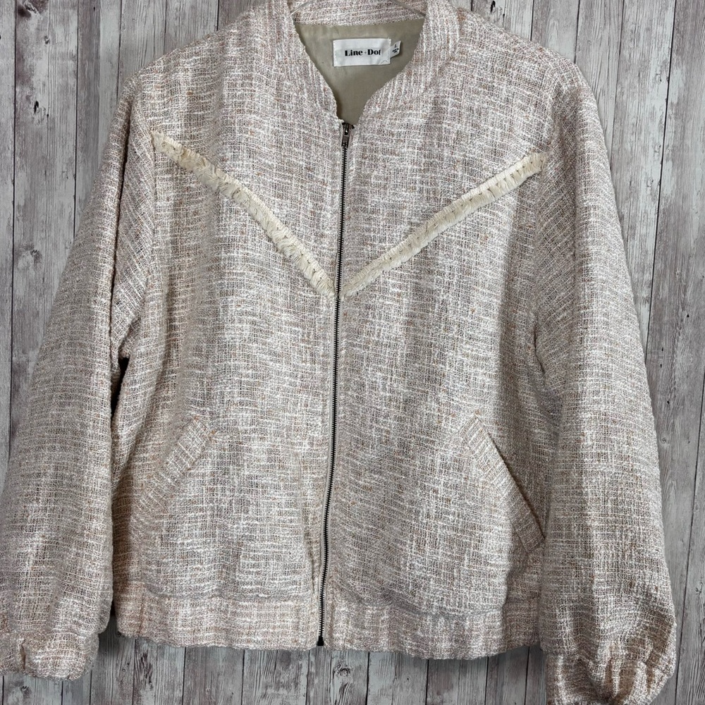 Line + Dot Boucle Tweed Bomber Jacket Fringe Trim